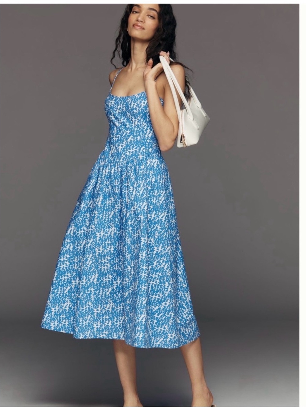Maeve Blue White Floral Midi Dress with Spaghetti Straps from Anthropologie